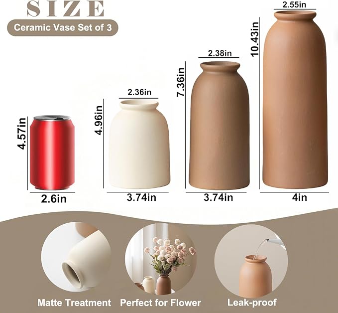 Large Decorative Ceramic Vase Set, 3 Pieces, Nordic Modern Boho Style, Earthtone Color Mix, Modern Farmhouse for Home Decor (XL Coffee Mix)