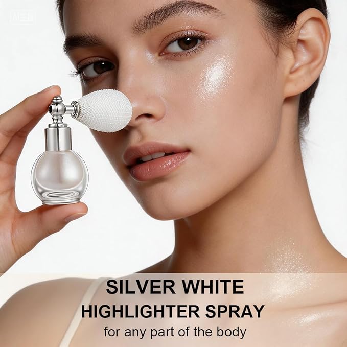 Silver White Face and Body Highlighter Spray Natural Glow Makeup, 0.14oz | High Gloss Powder, Waterproof Shimmer Spray for Women Mardi Gras Singer Concert Music Rave Festival Outfits Accessories