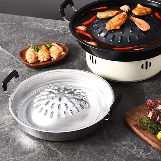 BESPORTBLE Thai Korean Bbq Grill Pan, Stainless Steel Barbecue Grill Tray Camping Bbq Pan Smokeless Roasting Pan Cooking Meat Vegetable Stovetop Plate for Outdoor 30cm