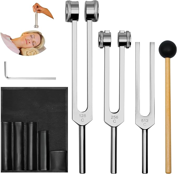 Tuning Forks for Healing Instrument (128Hz, 256Hz, 512Hz) - Tuning Fork Set with Reflex Hammer, Sound Healing Instruments for Essential Yoga/Chakra/Sound Therapy/Meditation Beginner