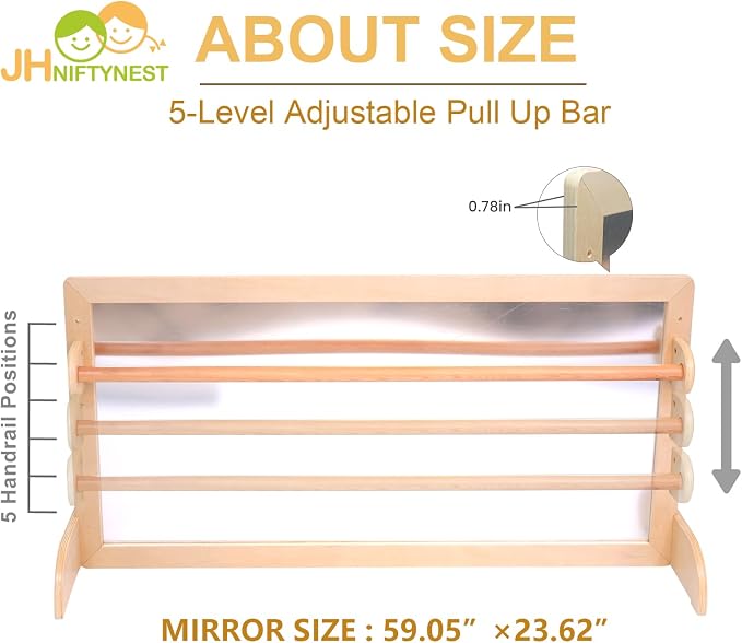 Infant Coordination Mirror Montessori Safety Pull up Bar Baby MirrorAcrylic Non-Glass Early Learning to Walk Mirror Upgrade Dual-Use with Base for Lengthened Version Hanging Toys 59.05”