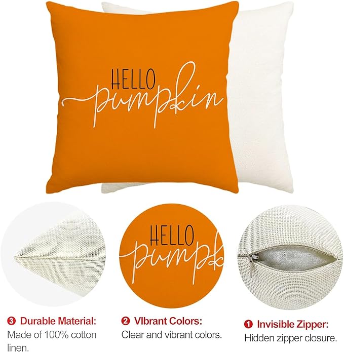 RABUSOFA Fall Pillow Covers 20x20 Inch,Autumn Hello Pumpkin Pillows Decorative Throw Pillows,Outdoor Thanksgiving Cushion Cover Farmhosue Fall Decor for Bedroom Couch Sofa