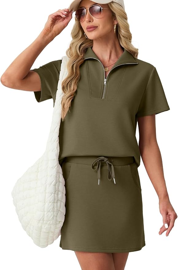 GRECERELLE Women's Summer 2 Piece Skort Set Half Zip Short Sleeve Top & Pocketed Tennis Skirt For Sports & Vacations.