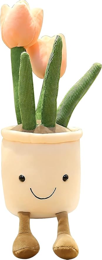 Smiling Tulip Plush Pot – Kawaii Plant Stuffed Toy for Girls, Cute Room Decor Pillow for Kids, Aesthetic Flower Plushie Gift, Soft Botanical Plush Toy for Bed, Desk or Nursery (Pink)