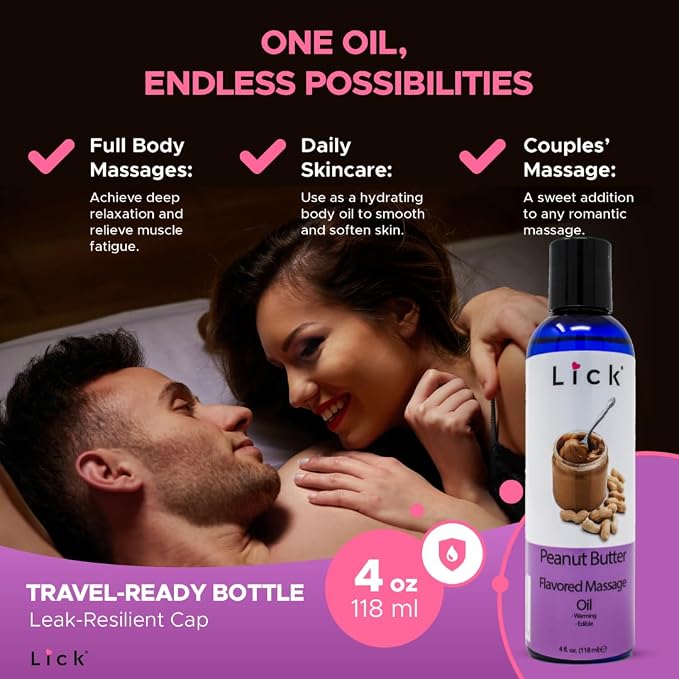 Lick Peanut Butter Flavored Massage Oil – Creamy Dessert-Inspired Edible Massage Oil with Vitamin E, Rich Smooth Texture for Fun Couples Massage Experiences, 4 oz
