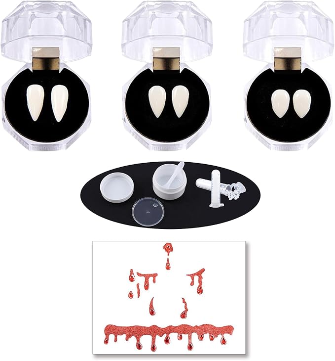 3 Pairs Vampire Teeth Set – Reusable Vampire Fangs in 3 Sizes for Halloween Cosplay, Costume Makeup, and Horror Party