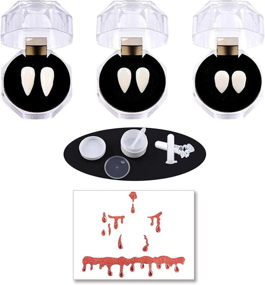 3 Pairs Vampire Teeth Set – Reusable Vampire Fangs in 3 Sizes for Halloween Cosplay, Costume Makeup, and Horror Party