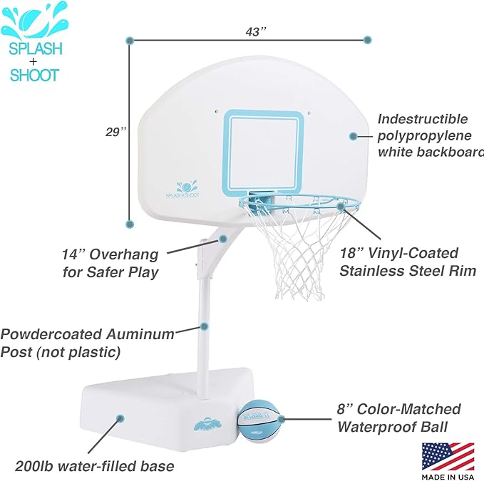 Dunn-Rite Splash & Shoot Outdoor Adjustable Height Swimming Pool Basketball Hoop w/Ball, Base, & 18 Inch Stainless Steel Rim for Adults & Kids, White