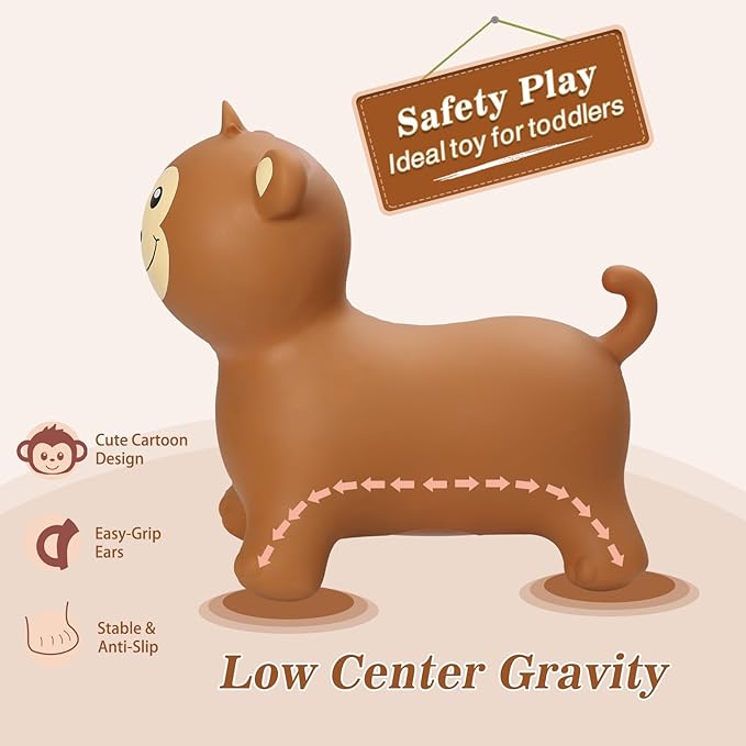 INPANY Bouncy Monkey Hopper Toys, Toddlers Inflatable Animal Hopping Horse, Bouncing Buddies, Ride on Rubber Bouncer, Outdoor Indoor Birthday Gifts Toy for 2 3 4 Yr Boy Girl, Brown