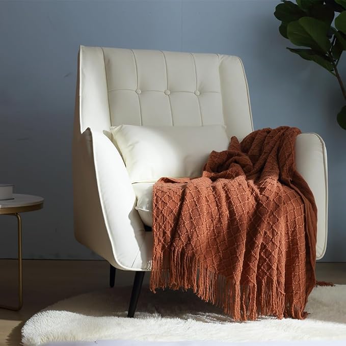 CREVENT Farmhouse Boho Knitted Throw Blanket for Couch Sofa Chair Bed Home Decoration, Soft Warm Cozy Light Weight for Spring Summer Fall (60''X80'' Caramel)