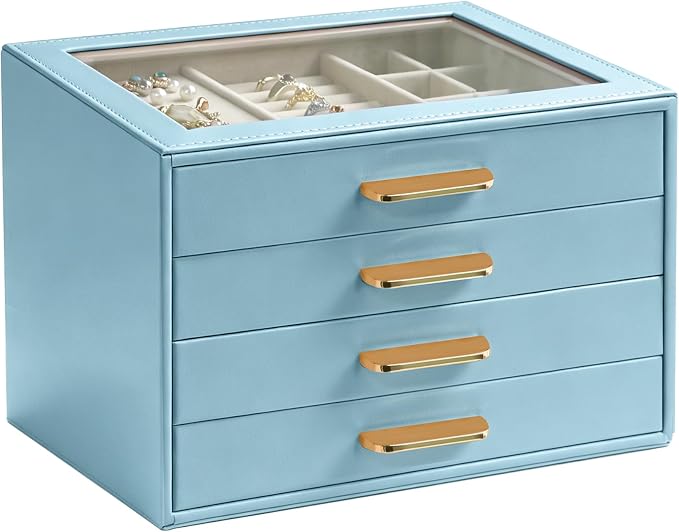Homeanda Jewelry Boxes Organizer with Glass Lid, 4-Layer PU Leather, Blue | Modern style display case with 4 drawers for daily jewelry, women, mom or girl gift
