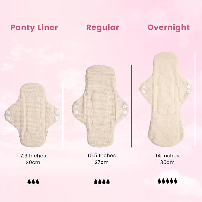 Reusable Menstrual Pads 3-Pack Organic Cotton Overnight Pads for Heavy Flow Washable Sanitary Pads for Women, Postpartum & Incontinence Use (13.8 Inch) with Laundry Bag & Pouch