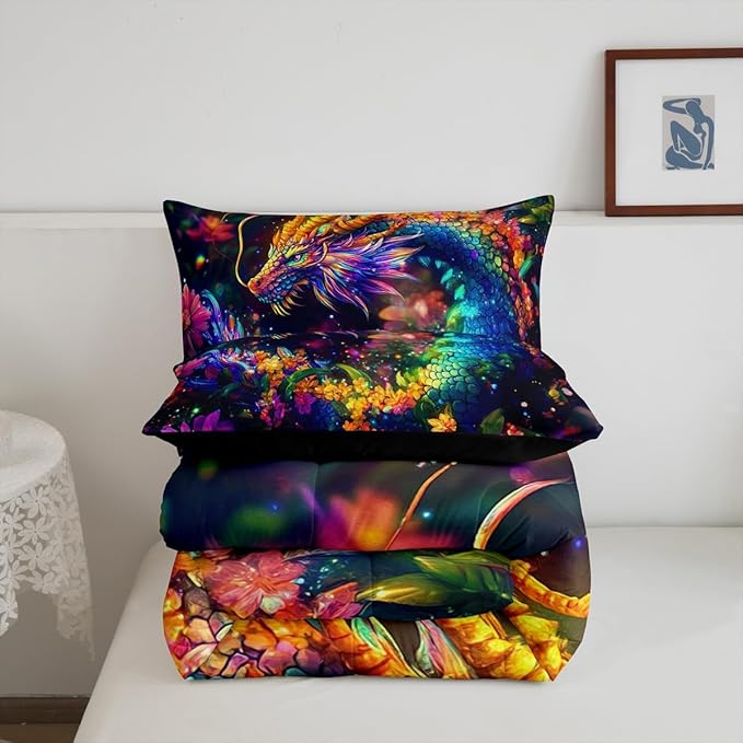 Feelyou Dragon Comforter Set Twin Size Flower Dragon Comforter for Boys Girls Teens Wild Life Bedding Set Dragon Decor Duvet Set Room Decor Clorful Quilt Set