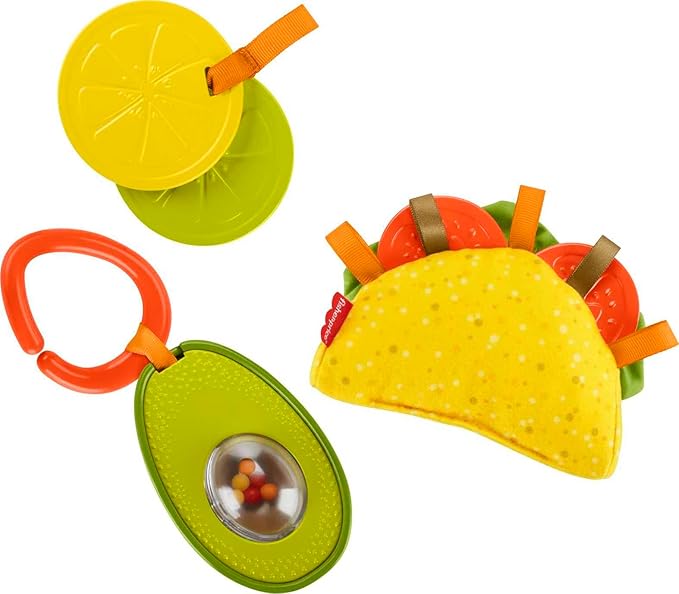 Fisher-Price Baby Toys Taco Tuesday Set, 3 Pretend Food Rattle & Sensory Activities for Newborns Ages 3+ Months