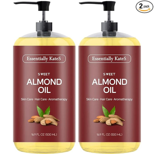 Essentially KateS Sweet Almond Oil 33.8 Fl Oz - Pack of 2 x 16.9 Fl Oz - 100% Pure and Natural - Conditioning, Moisturizing & Nourishing - No Greasy Feel - A Natural Vit. E source