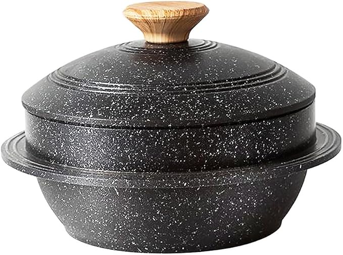 Cast Aluminum Pot with Lid, 7 in Non-Stick Casserole Dish Korean Stone Bowl Induction Compatible, Black