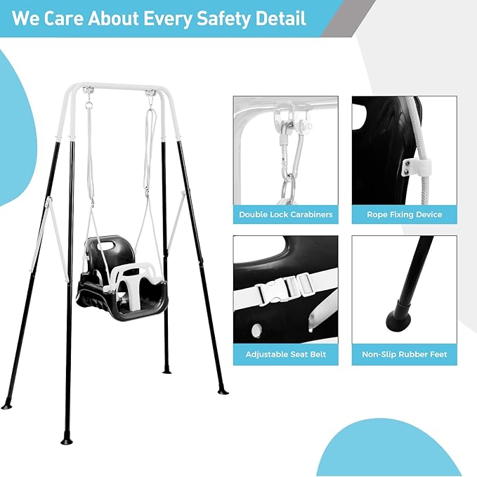FUNLIO 3-in-1 Toddler Swing Set with 4 Sandbags, Indoor/Outdoor Baby Swing with Foldable Metal Stand, Kids Swing Set for Backyard, Clear Instructions, Easy to Assemble & Store - Black