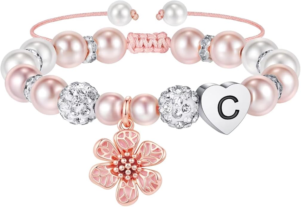 MONOOC Valentines Gifts for Kids Girls - Initial Flower Charm Bracelets for Girls, Adjustable Pearl and Rhinestone Beaded Bracelet Heart Initial Bracelets Jewelry for Flower Girl Gift Birthday Gifts