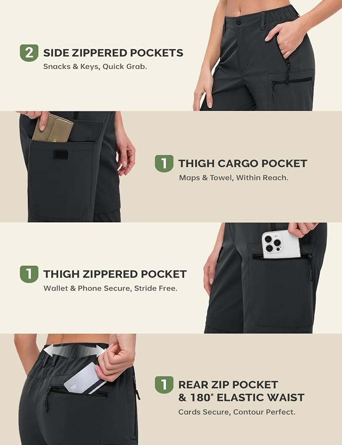 Cycorld Women's-Hiking-Pants-Convertible Quick-Dry-Stretch-Lightweight Zip-Off Outdoor Pants with 5 Deep Pockets