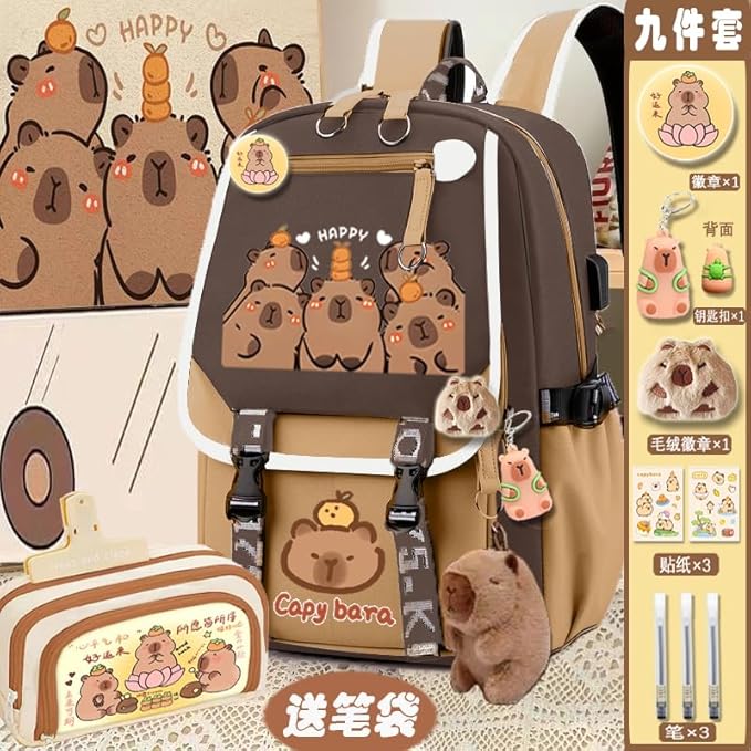 Kapibara Capybara Cartoon Backpack Gift Large Capacity Waterproof Kapibara stuff kawaii backpack with pins and Accessories (pattern 6)