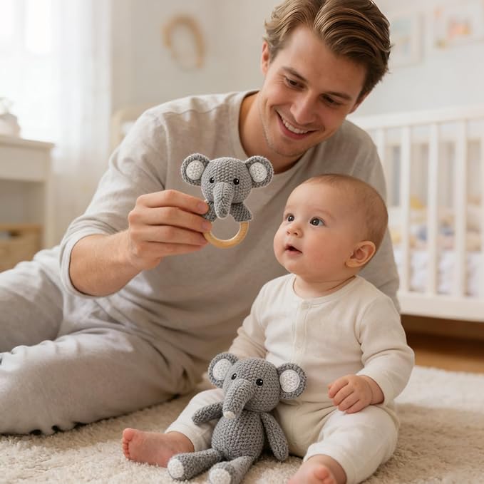 Baby Elephant Stuffed Animals for Babies 2Pcs Cute Calf Plush Toys Set: 10" Grey Elephant Plush Doll and 5.9" Baby Teething Rattle Soft Baby Boy Girl Gifts for Birthday,Easter,Christmas