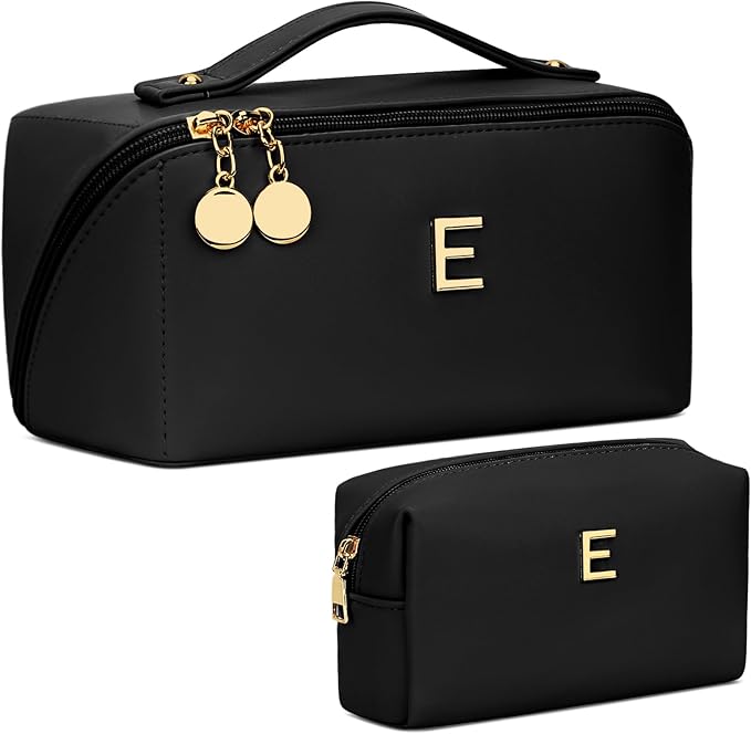 Birthday Gifts for Women Teen Girl, Personalized Initial Makeup Organizer Bag Set, Open Flat Travel Cosmetic Bag With Clear Divider and Handle(Black,E)
