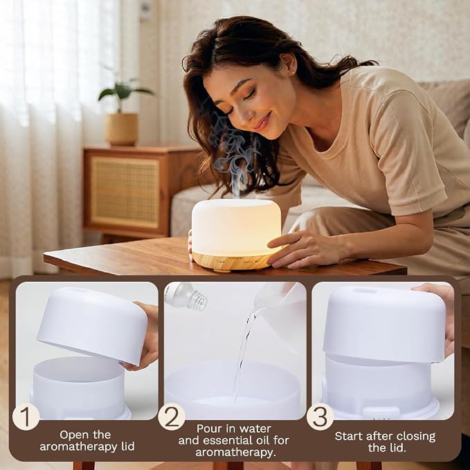 500ml Premium Essential Oil Diffuser,Quiet 4-in-1 Ultrasonic Aromatherapy Humidifier,7 Color LED Lights,with Adjustable Automatic Timer Off Function and Spray Mode. (Yellow Woodgrain,Mini Model)