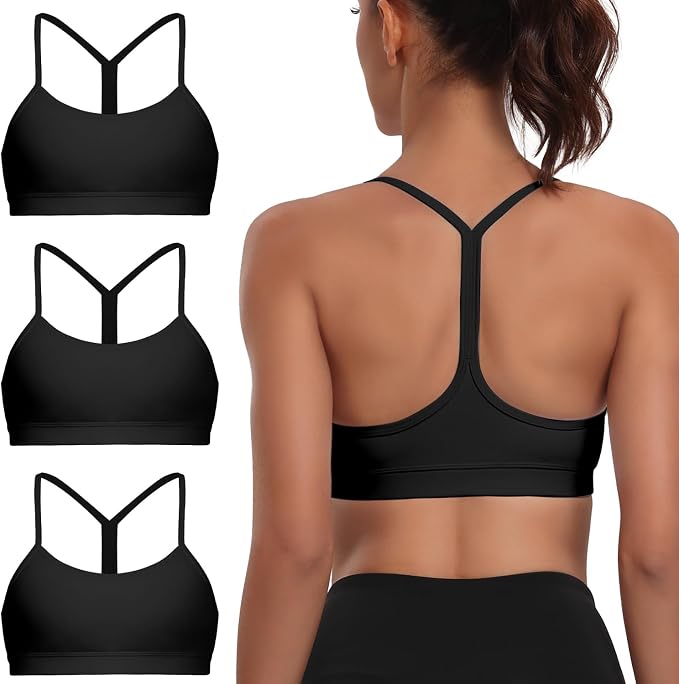 Raxnode Women's 3-Pack Y-Back Sports Bra, Thin Spaghetti Strap Nylon Yoga Bra with Removable Cups, Light Support Bralettes