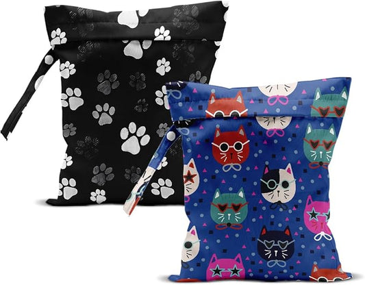 2Pcs Cat Wet Bag 12x10 Inch, Cats Paw Waterproof Travel Laundry Bags, Hand Strap 6 Inch, Washable Reusable Wet Dry Bag for Swimsuit Beach Diapers Dirty Yoga Gym Clothes,Cat Gifts for Women Friend
