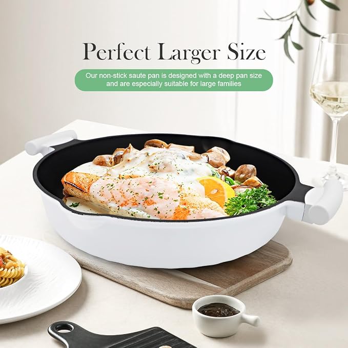 Large Frying Pan Skillet Nonstick with Lid, 14 Inch Deep Saute Pan, Big Induction Pan for Cooking, 2-1 Non Stick Cookware with Helper Handle, Family Size, Suitable for All Stoves, White