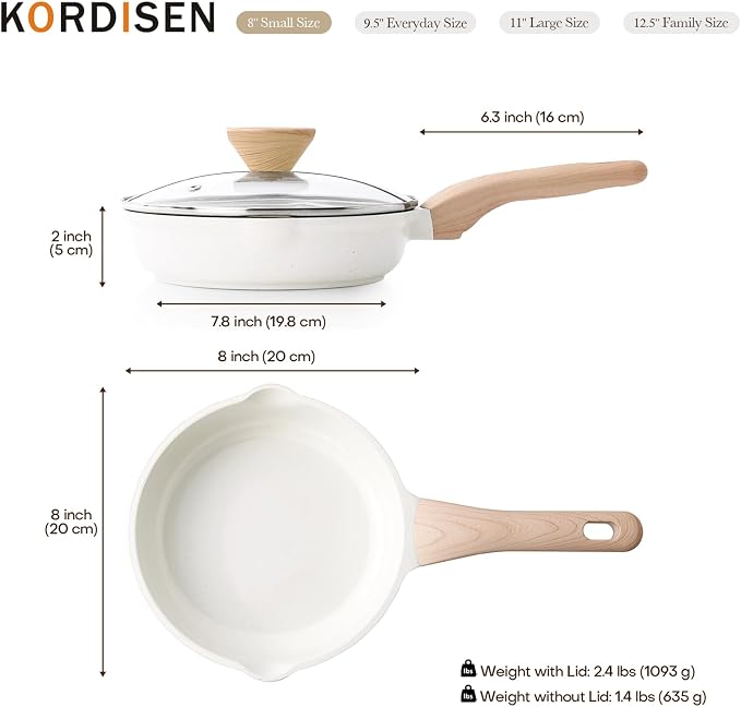 Kordisen Ceramic Non Stick Frying Pans Skillet with Lid, 8 Inch Egg Pan | Non Toxic, Healthy Coating, Induction Compatible, Heat Resistant Handle, PFOA & PFAS Free