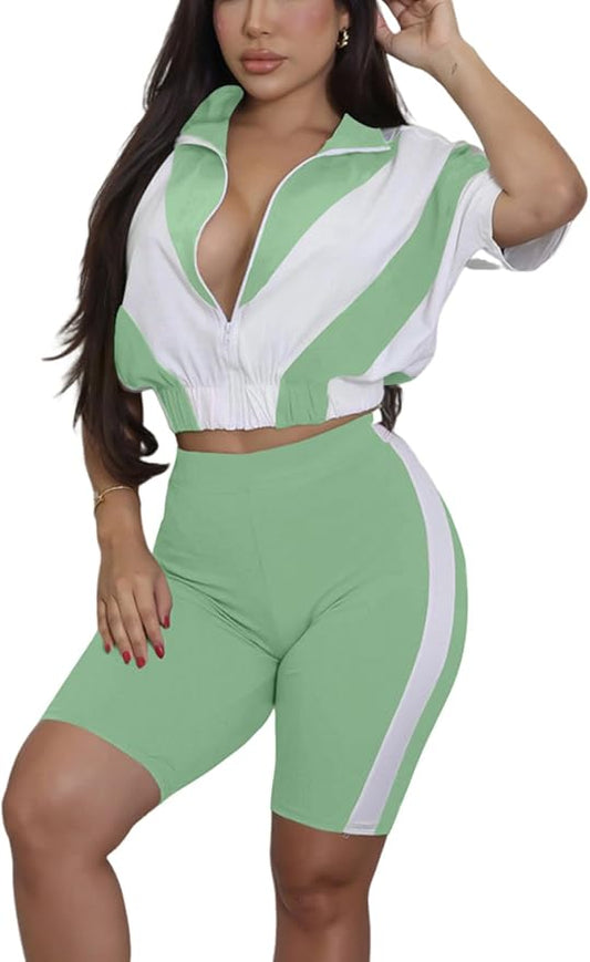 Adogirl Women 2 Piece Outfits Summer Tracksuit Color Block Short Sleeve Full Zip Up Cropped Jacket Bodycon Shorts Lounge Sets
