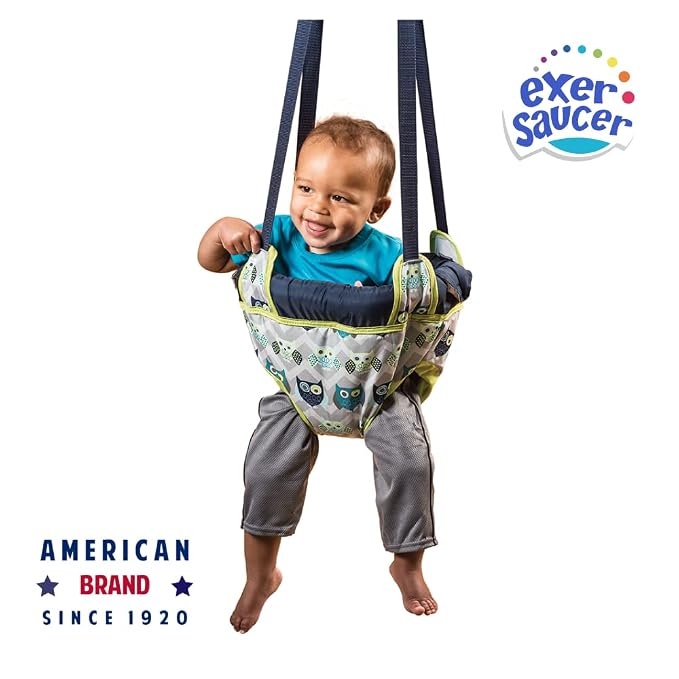 Evenflo Exersaucer Johnny Jumper Featuring Easy-to-Use Clamp Attachment for Quick and Tool-Free Set Up and Adjustable Straps to Customize The Height for Your Child, Owl