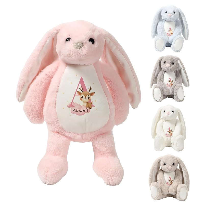 Bunny Stuffed Animal with Custom Name Initial - Personalized Plush Bunny for Newborn Boy Girl, Baby Shower Gifts, Wedding Flower Girl Gift, Easter Rabbit for Kids