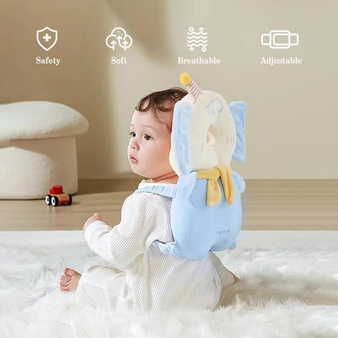 Baby Head Protector Backpack, Adjustable Baby Head Protection Backpack with Baby Knee Pads for Walking & Crawling, Soft, Breathable and Wearing Safety Baby Head Protector - Blue Elephant