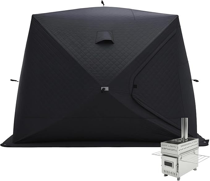 Albott Outdoor Sauna Tent with Wood Burning Stove, 4-6 Person Portable Sauna Tent, 8.2 x 8.2 x 6.7 FT, 3-Layer Thermal Oxford Fabric, Pop-Up Setup, Open-View Windows, Ground Nails & Wind Ropes, Grey