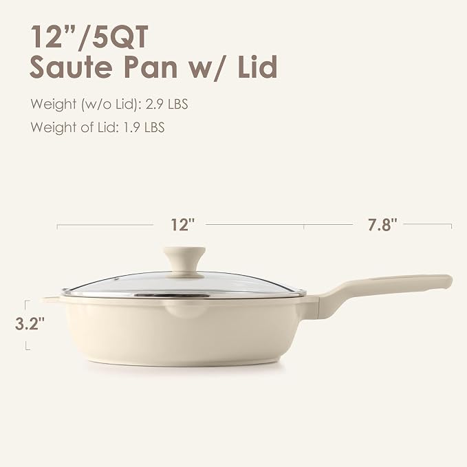 SENSARTE Nonstick Saute Pan with Lid 12-inch/5QT, Non Toxic Ceramic Deep Frying Pan, Dishwasher Safe Skillet with Stay-cool Handle, Healthy Cooking Pot, Induction Compatible, Cream White