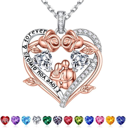 Iefil Valentines Gifts for Her Wife - 925 Sterling Silver Double Heart Birthstone Necklace, Anniversary Birthday Gifts for Women Wife Girlfriend