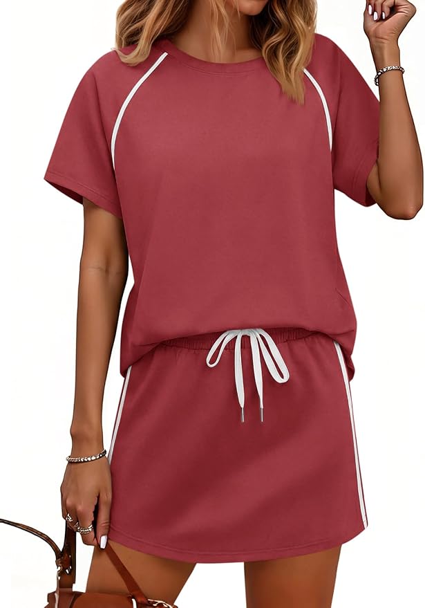 Womens 2 Piece Skirt Sets Summer Tennis Outfits Vacation Skort Set | Two Piece Sets, Short Set, Athletic Workout Golf Outfits, Crew Neck, Color Block, Drawstring, Workout Mathcing Lounge Sets