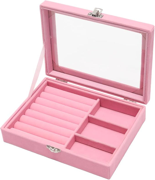 Small Velvet Jewelry Tray with Clear Lid, 2-in-1 Pink | Lockable Ring Earring Holder Organizer Storage Box Case Jewelry Box Organizer for Rings Earrings Bracelets Brooches