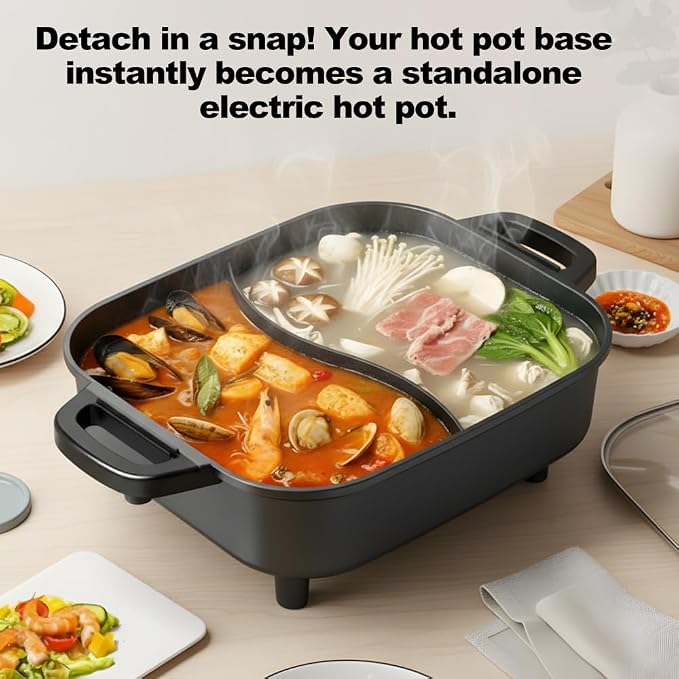 2250W Electric Grill and Hot Pot Combo, 29 x 9.5 Inch Smokeless Indoor BBQ Grill with Easy to Clean, Dual Zone Temperature Control, Includes Food Tongs, Oil Brush, Soup Spoon, Strainer Black