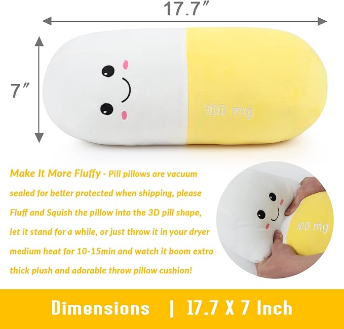 Pill Pillow Neck Roll Pillow Cute Preppy Room Decor Chill Pillows with Washable Cover, Funny Aesthetic Trendy Gift Throw Pillows for College Dorm Teenager Y2K Teacher Doctor Nurse (Yellow, M)