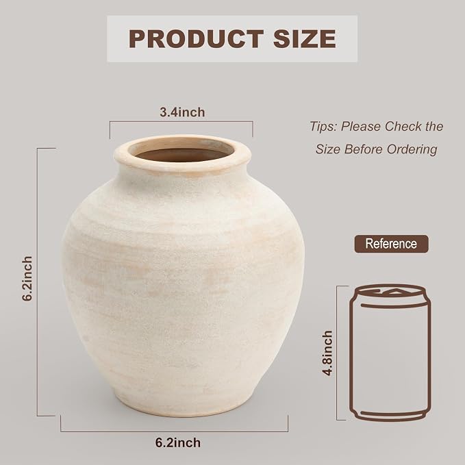 Ceramic Flower Vase Home Decor, 6.2 inch Farmhouse Rustic Vintage Decorative Vases, Pottery Terracotta Boho Flowers Vases for Dining Table, Living Room, Shelf, Kitchen, Bedroom (6.2"-White)