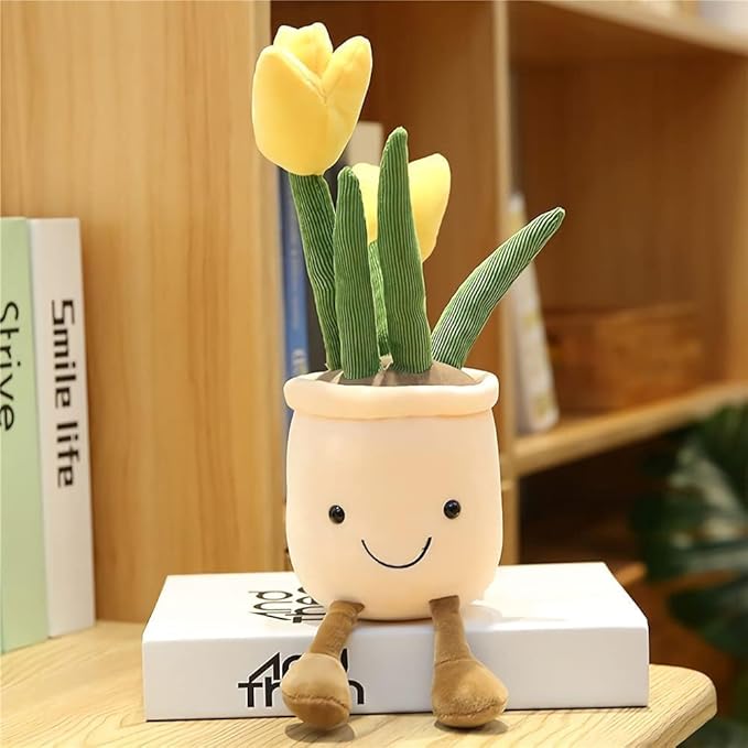 Smiling Tulip Plush Pot – Kawaii Plant Stuffed Toy for Girls, Cute Room Decor Pillow for Kids, Aesthetic Flower Plushie Gift, Soft Botanical Plush Toy for Bed, Desk or Nursery (Yellow)