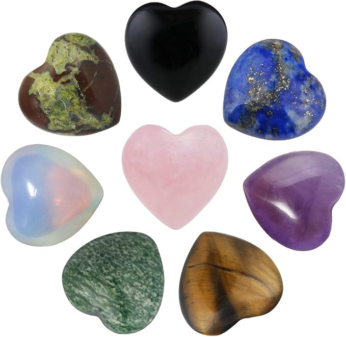 SUNYIK Assorted Crystal Stone Carved Puff Heart Pocket Stone Set, Healing Palm Crystal Set for Christmas, Pack of 8(Mini Size 0.5'')