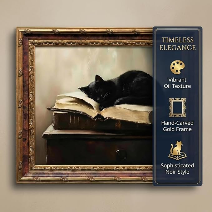 Vintage Moody Gothic Black Cat Wall Art, Dark Academia Cat Canvas Print, | Sleeping Cat on Antique Books Painting Poster, Literary Picture Wall Decor for Living Room Bedroom Office 16x24 In