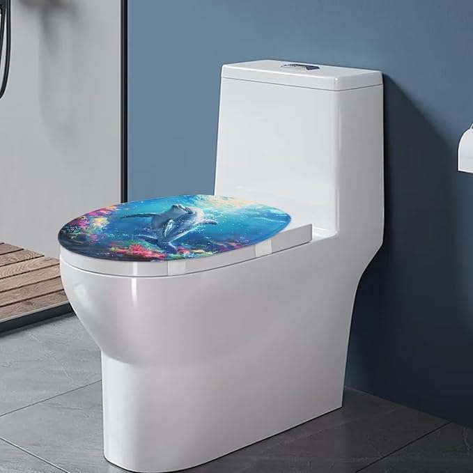 Dolphin Toilet Cover Set Blue Oblong Toilet Seat Cover Blue Toilet Seat Cover Cushioned Toilet Seat Toilet Lid Covers for Bathroom