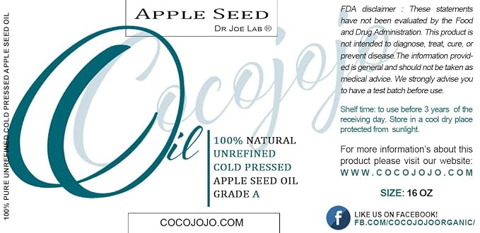 Apple Seed Oil - 16 oz - 100% Pure Unrefined Cold Pressed Extra Virgin Premium Grade Non-GMO Vegan Carrier Oil for Hair Skin Face Body Facial Cleanser Hydration Nourish Moisturize - Packaging May Vary