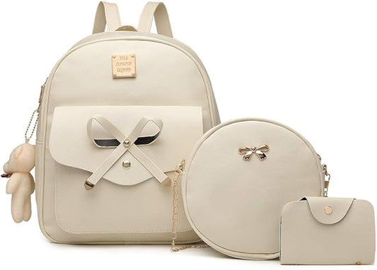 MACCINELO Cute Leather Mini Backpack Purse for Women Bowknot Small Backpack for Girls gift Rucksack Ladies Shoulder Bag 3pcs