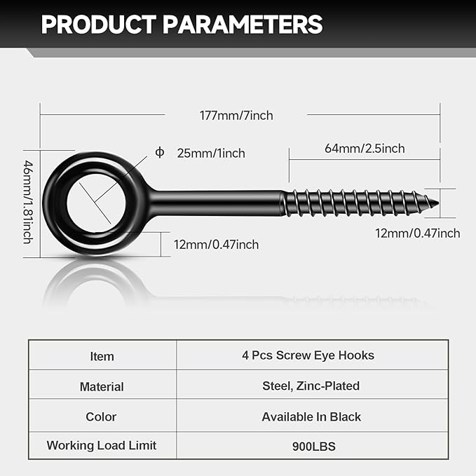 7 inch Eye Bolts - 4 Pcs Eyes Hooks Screw Heavy Duty 900 lbs Breaking Strength Black Rust-Resistant, Self Tapping Eyelet Screw for Wood Securing, Hammock Stand, Indoor & Outdoor Use